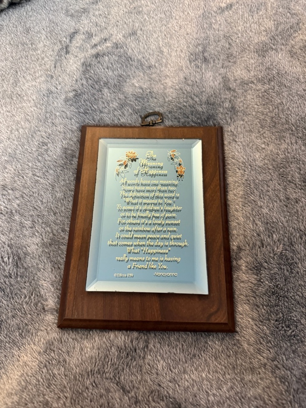 Vintage Nancyanna "The Meaning of Happiness" Mirrored Glass Wood Plaque